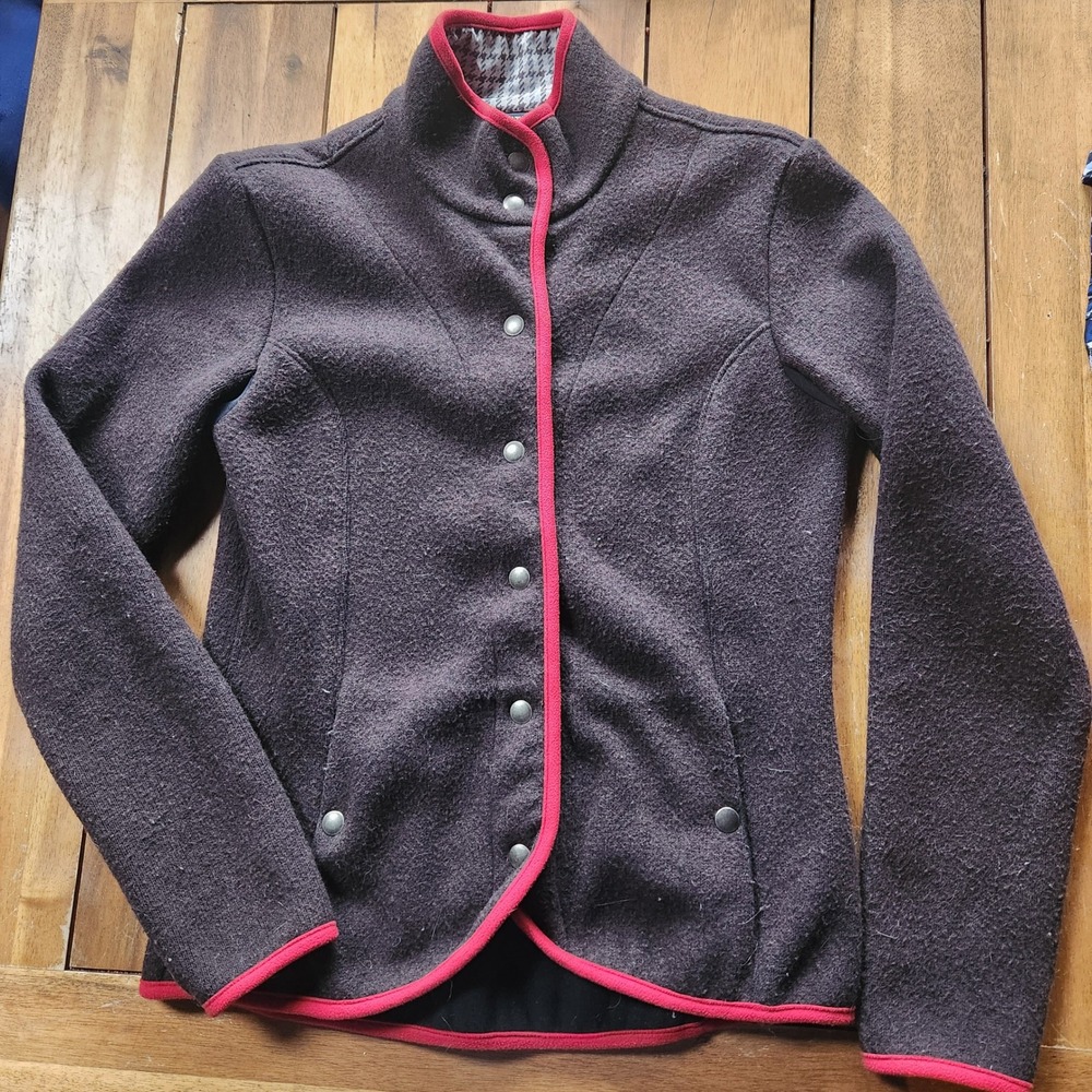 FITS Riding Womens Brown Wool Blend Snap Front Equestrian Jacket Red Trim Medium